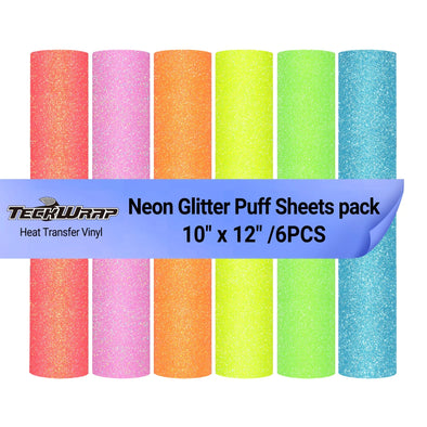 Neon Glitter Puff HTV Sheets Pack (6 PCS) - TeckWrap Craft Europe