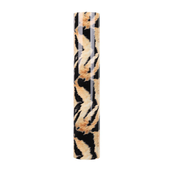 Tiger: A fuzzy looking, black, larger tiger print on late and sepia tan background colors. Animal print heat transfer vinyl 
