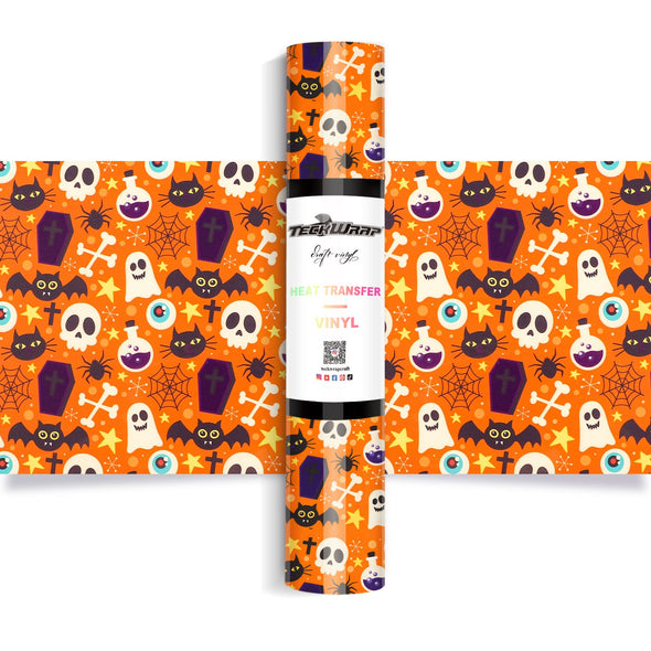 Halloween Pattern Heat Transfer Vinyl - Worldwide / Orange - TeckwrapCraft