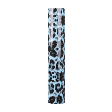 Blue Leopard: A light baby and sky blue with a vlack leopard print. The print is larger in comparison to black and white leopard roll. Animal print heat transfer vinyl 